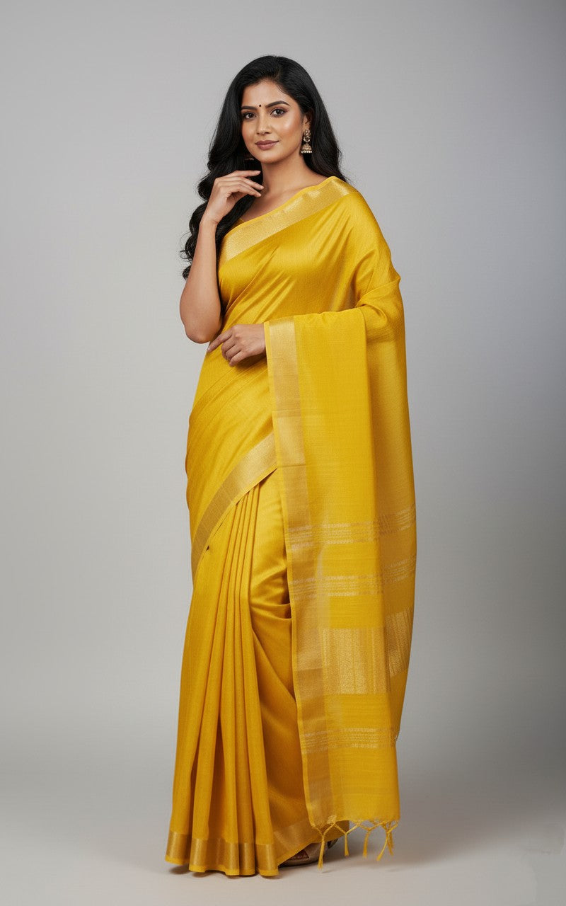 Sutrayan Radiance - Handwoven Yellow Cotton Silk Saree with Subtle Zari Accents