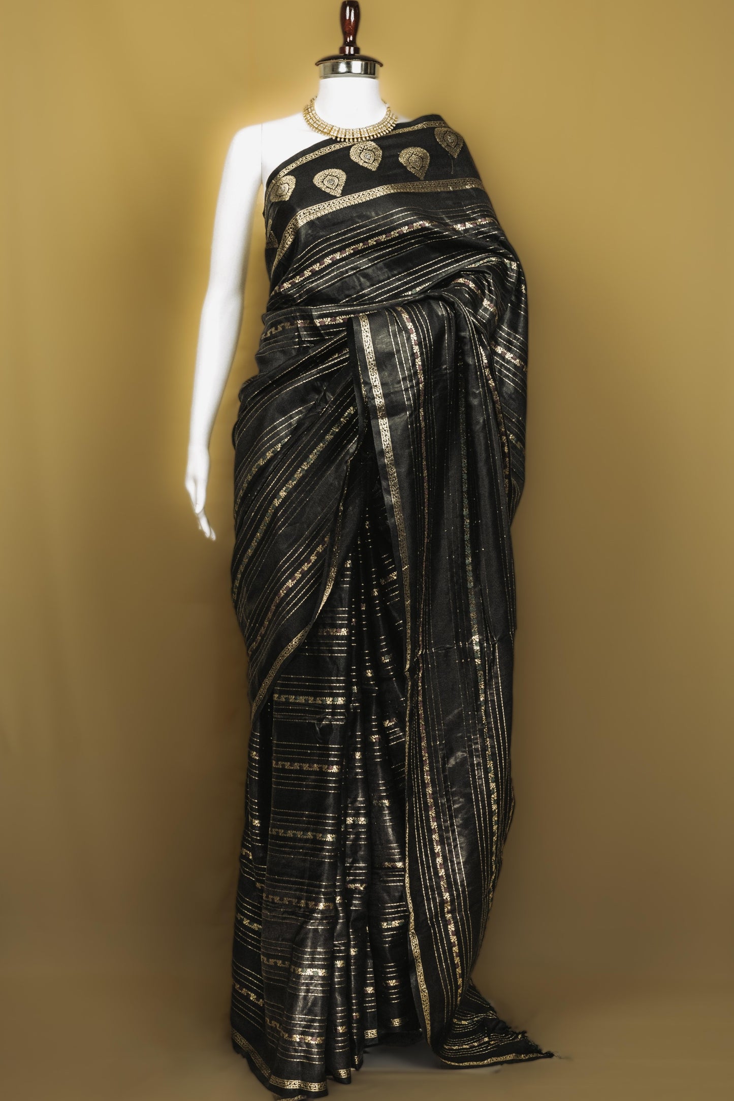 Sutrayan Midnight Grace — Handwoven Black Silk Saree with Antique Gold Buta & Line Zari