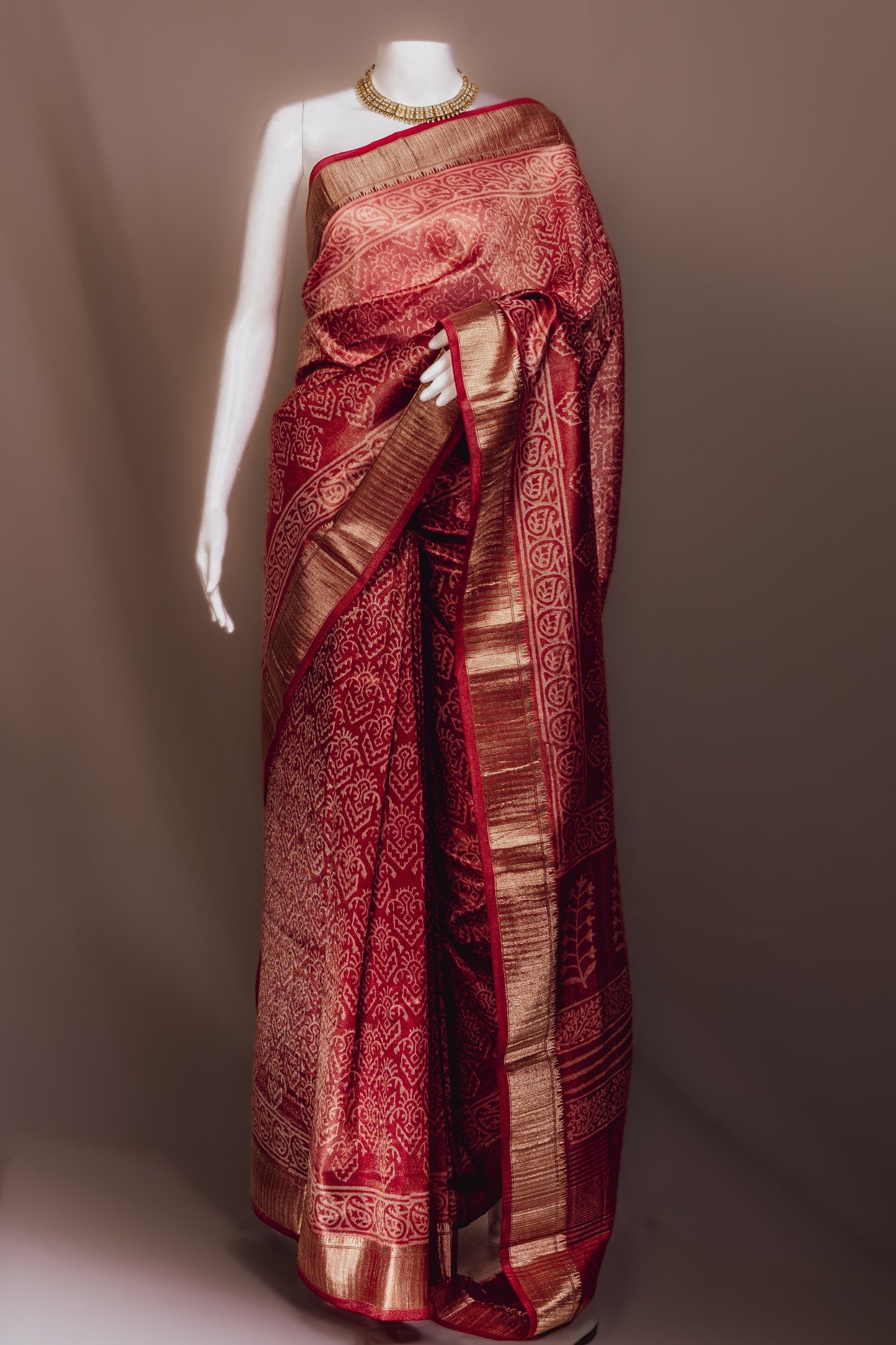 Sutrayan Kashi — Handwoven Maroon Tissue Silk Saree with Traditional Zari Jaal Work