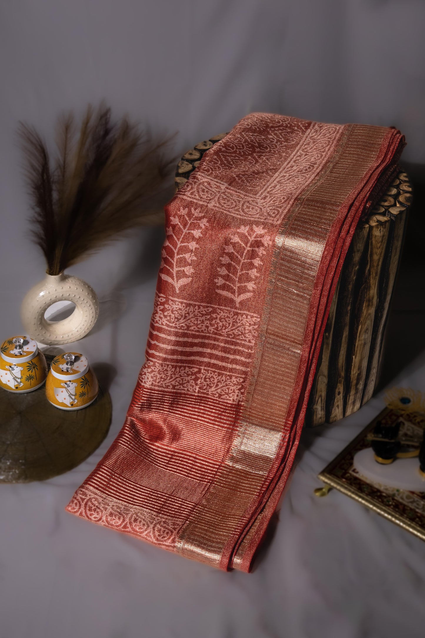 Sutrayan Kashi — Handwoven Maroon Tissue Silk Saree with Traditional Zari Jaal Work