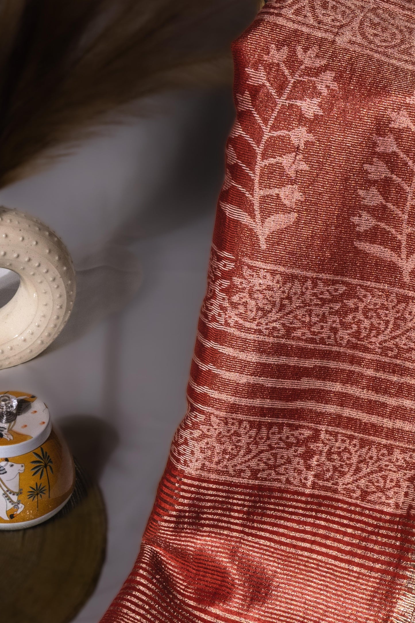 Sutrayan Kashi — Handwoven Maroon Tissue Silk Saree with Traditional Zari Jaal Work