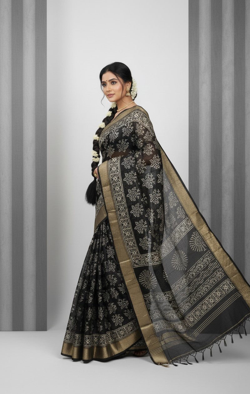 Sutrayan Black Blossom - Handwoven Black Silk Saree with Floral Zari Embroidery