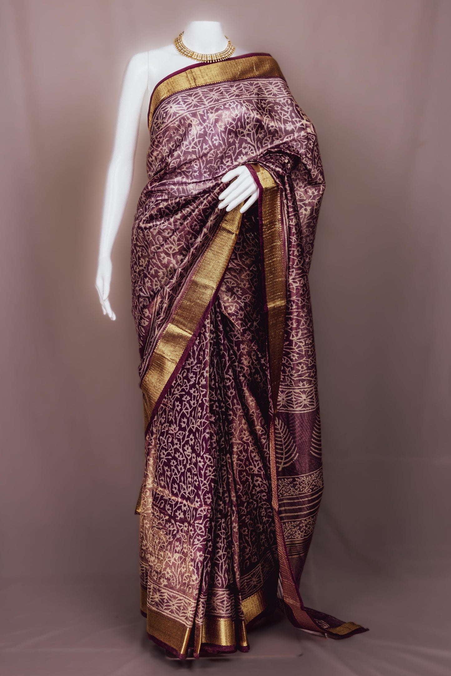 Sutrayan Vanya Vriksha - Handwoven Plum Silk Saree with Intricate Tree Motifs and Antique Zari