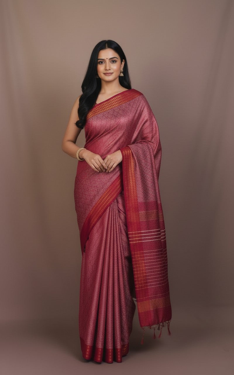 Sutrayan Ruby Weave - Handwoven Red Silk Saree with Subtle Diamond Checks and Zari Border