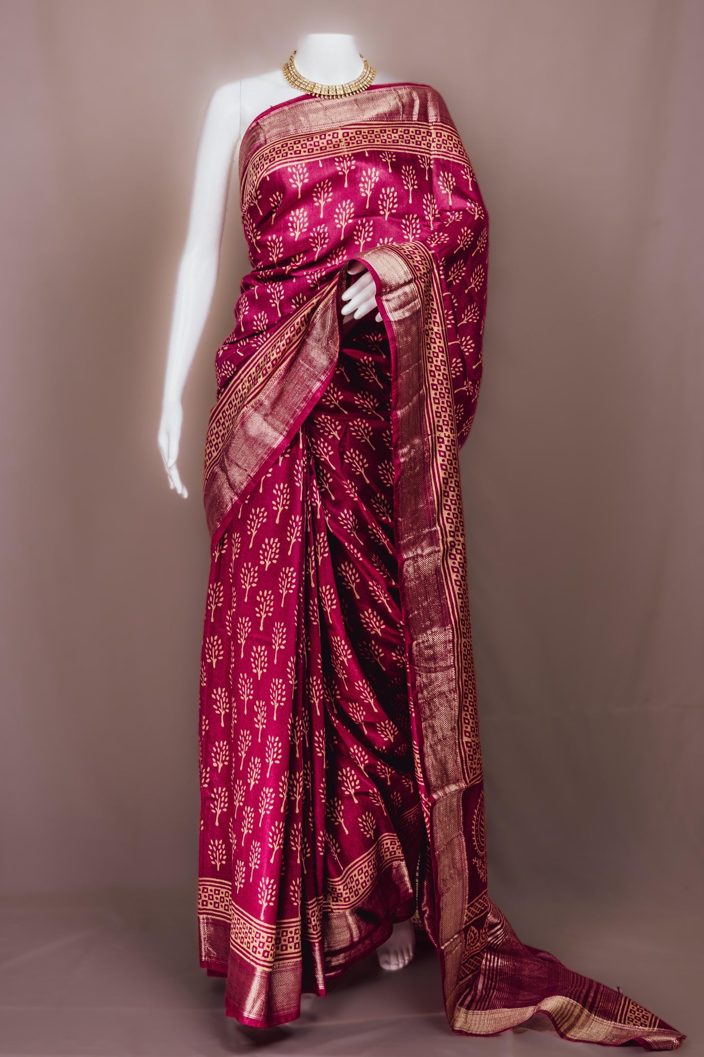 Sutrayan Gulbagh - Handwoven Wine Silk Saree with Gold Tree Motifs and Ornate Zari Border