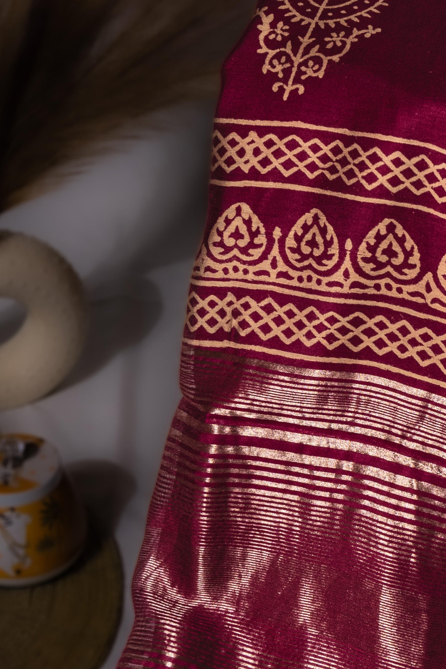Sutrayan Gulbagh - Handwoven Wine Silk Saree with Gold Tree Motifs and Ornate Zari Border