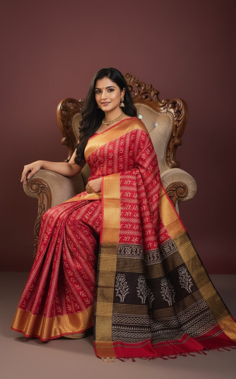 Sutrayan Flame Vine — Handwoven Red Silk Saree with White Creeper Motifs and Contrast Pallu