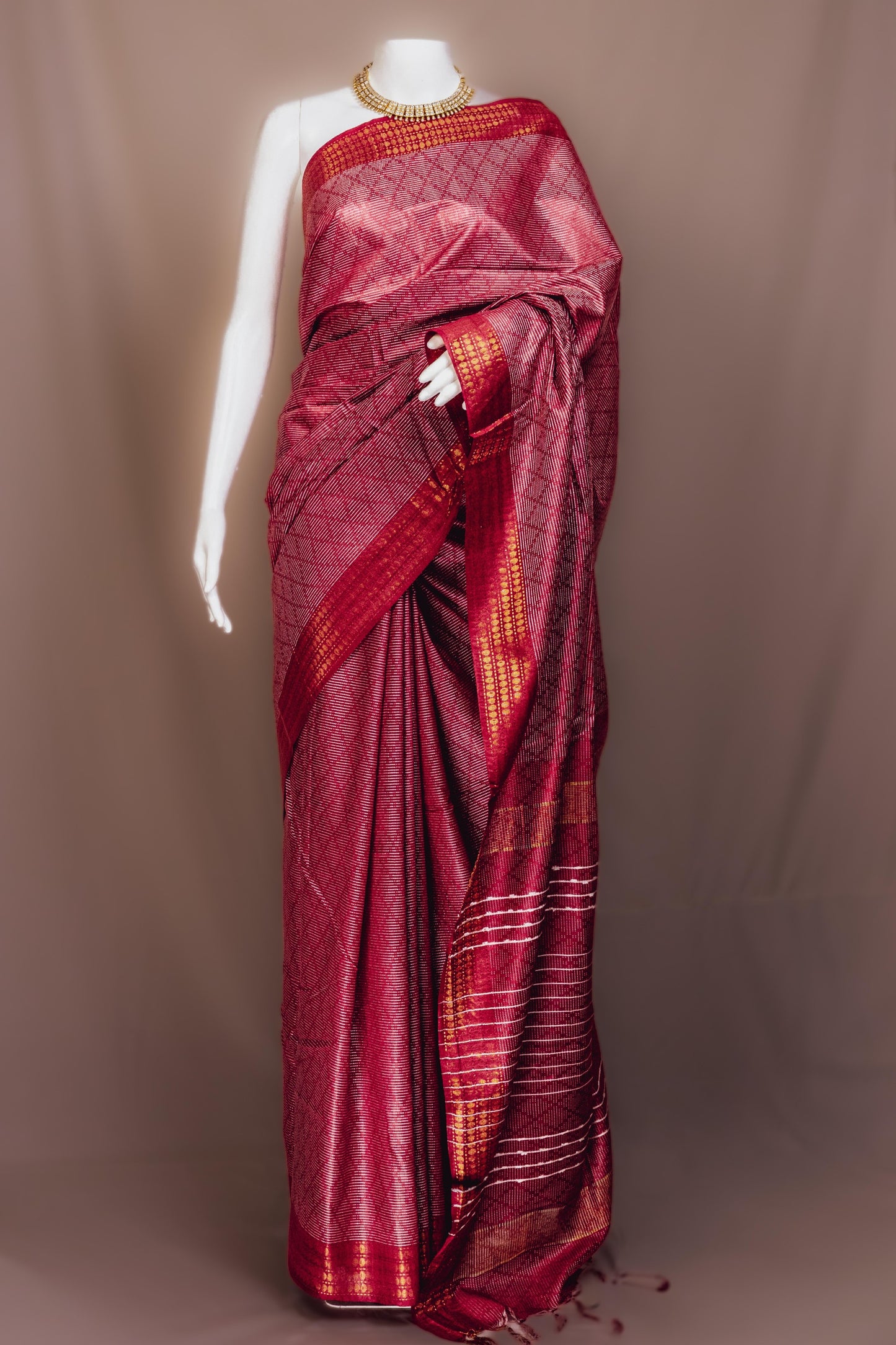 Sutrayan Ruby Weave - Handwoven Red Silk Saree with Subtle Diamond Checks and Zari Border