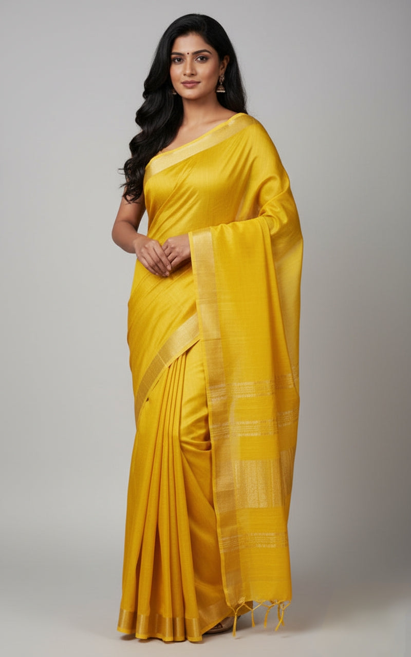 Sutrayan Radiance - Handwoven Yellow Cotton Silk Saree with Subtle Zari Accents