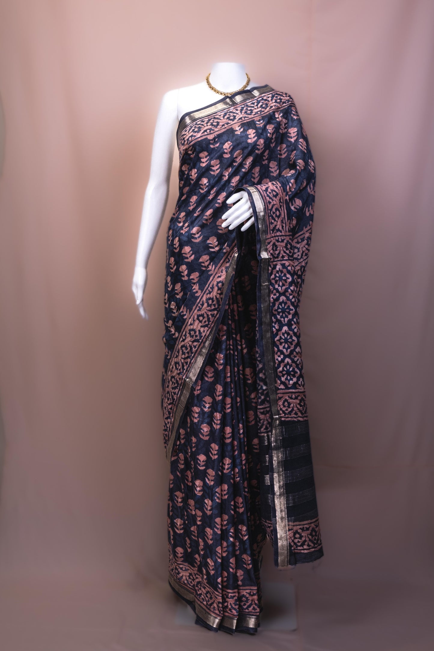 Noir Bloom — Midnight Blue Handwoven Silk Saree with Rosewood Motifs
