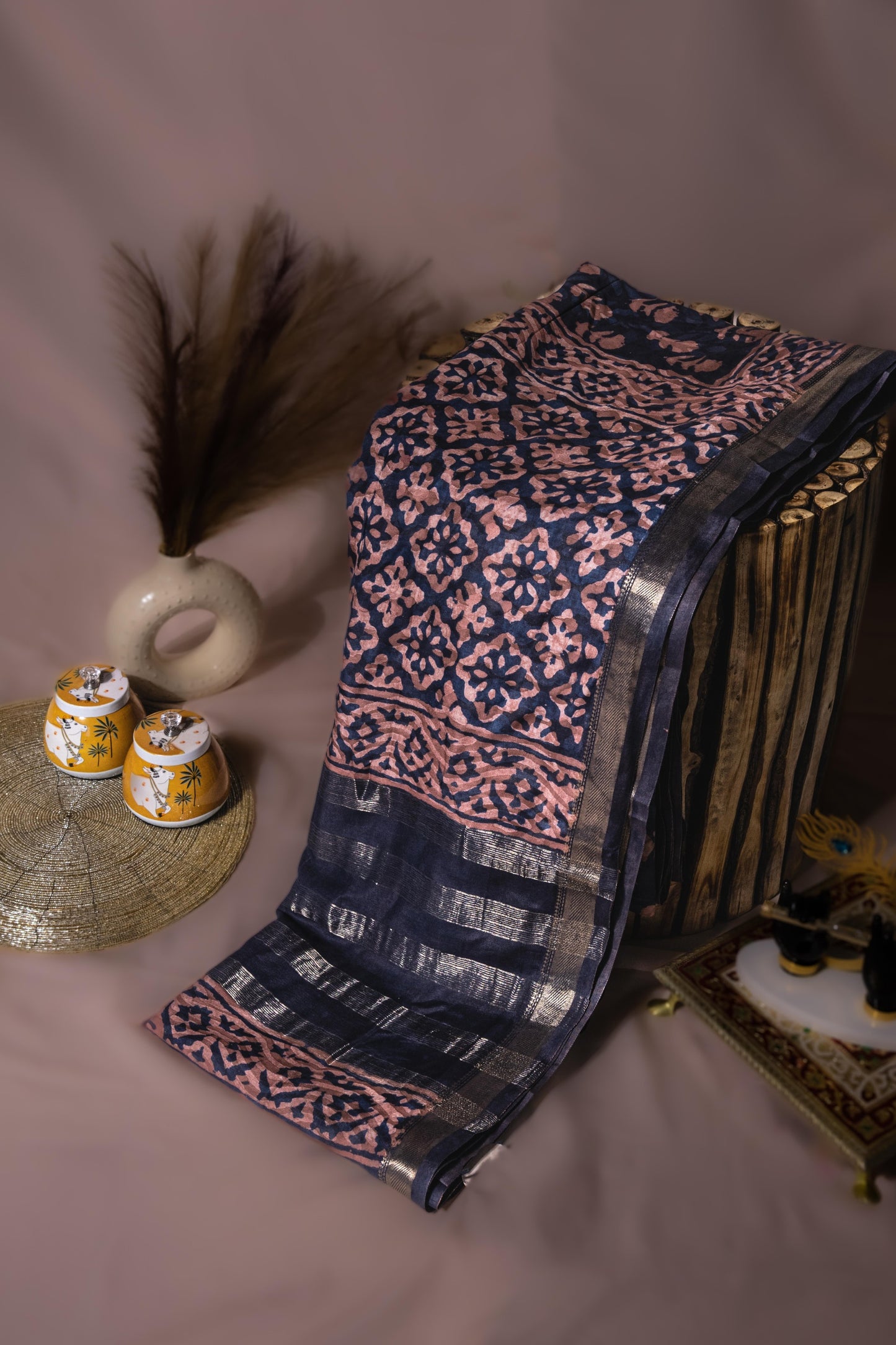 Noir Bloom — Midnight Blue Handwoven Silk Saree with Rosewood Motifs