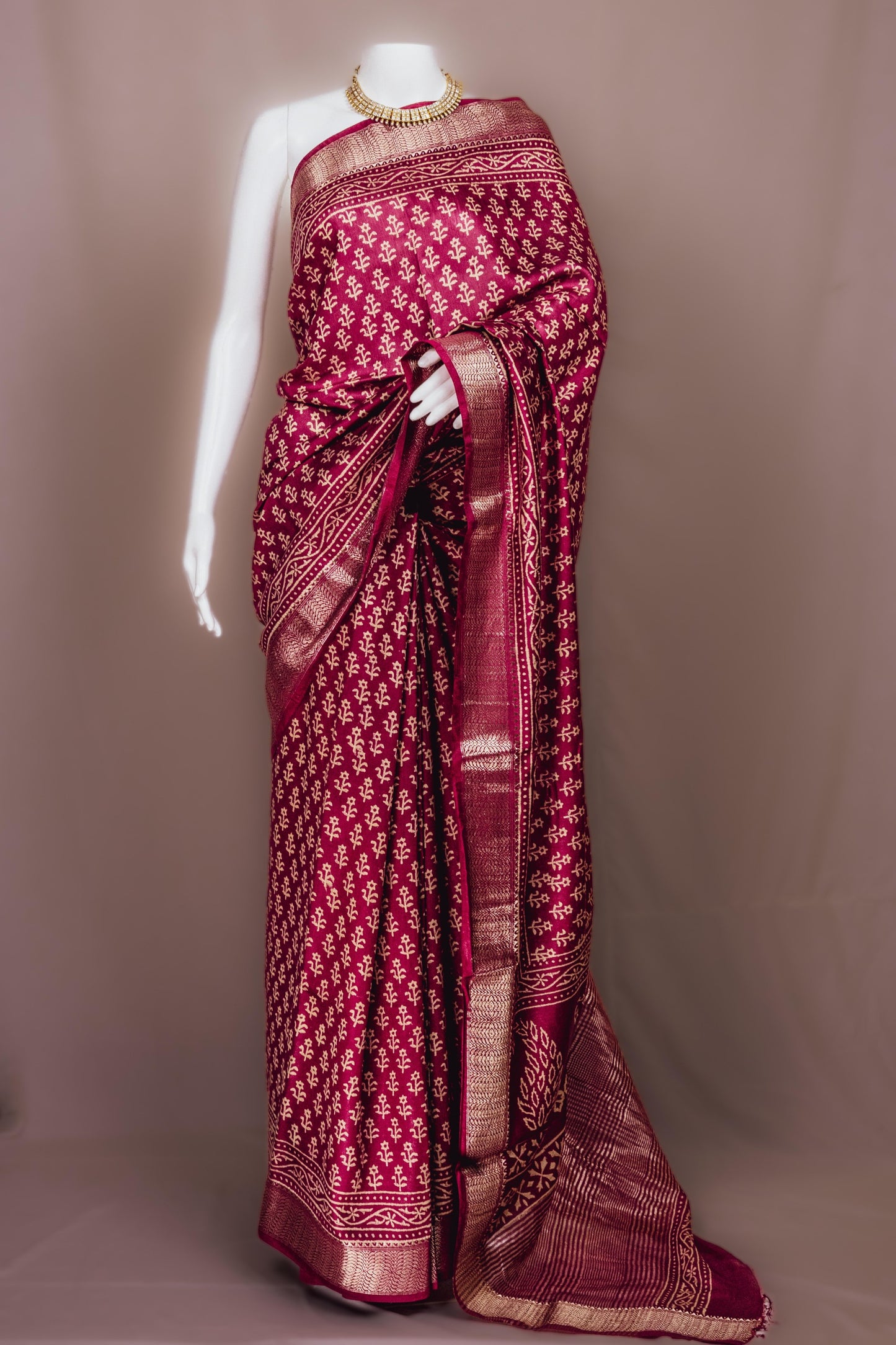 Sutrayan Aranya — Deep Crimson Silk Saree with Tiny Floral Booti and Woven Gold Border