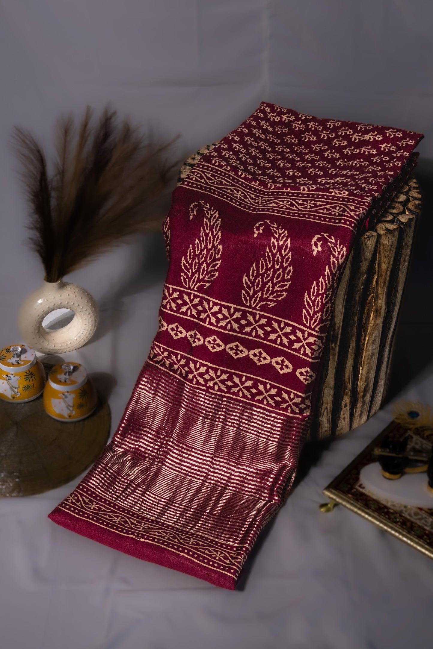 Sutrayan Aranya — Deep Crimson Silk Saree with Tiny Floral Booti and Woven Gold Border