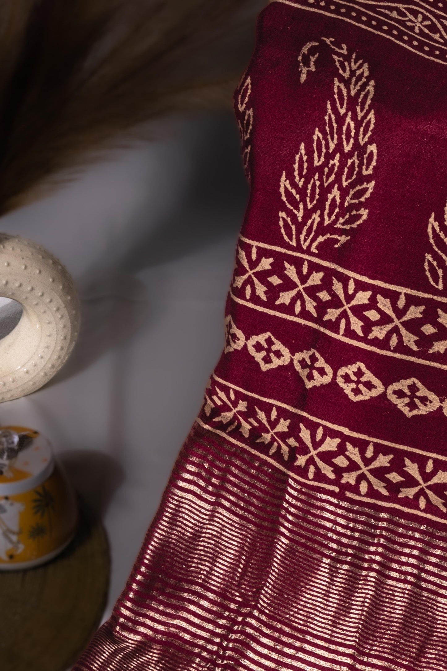 Sutrayan Aranya — Deep Crimson Silk Saree with Tiny Floral Booti and Woven Gold Border