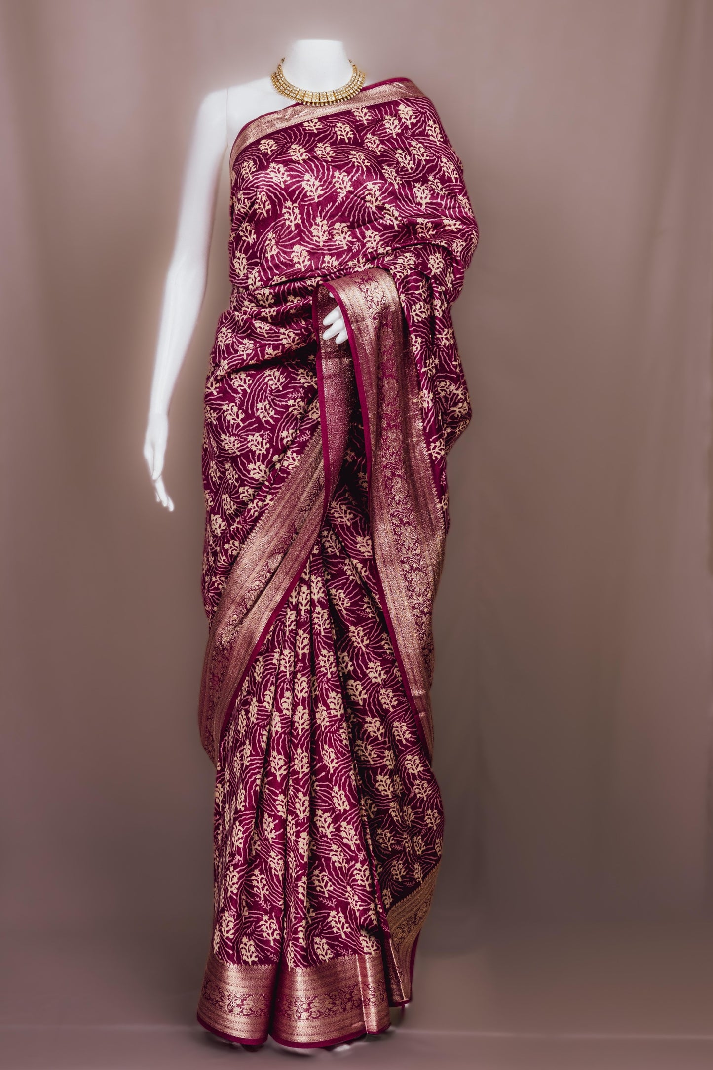 Sutrayan Mohar — Handwoven Mulberry Plum Saree with All-over Cream Flora and Zari Border