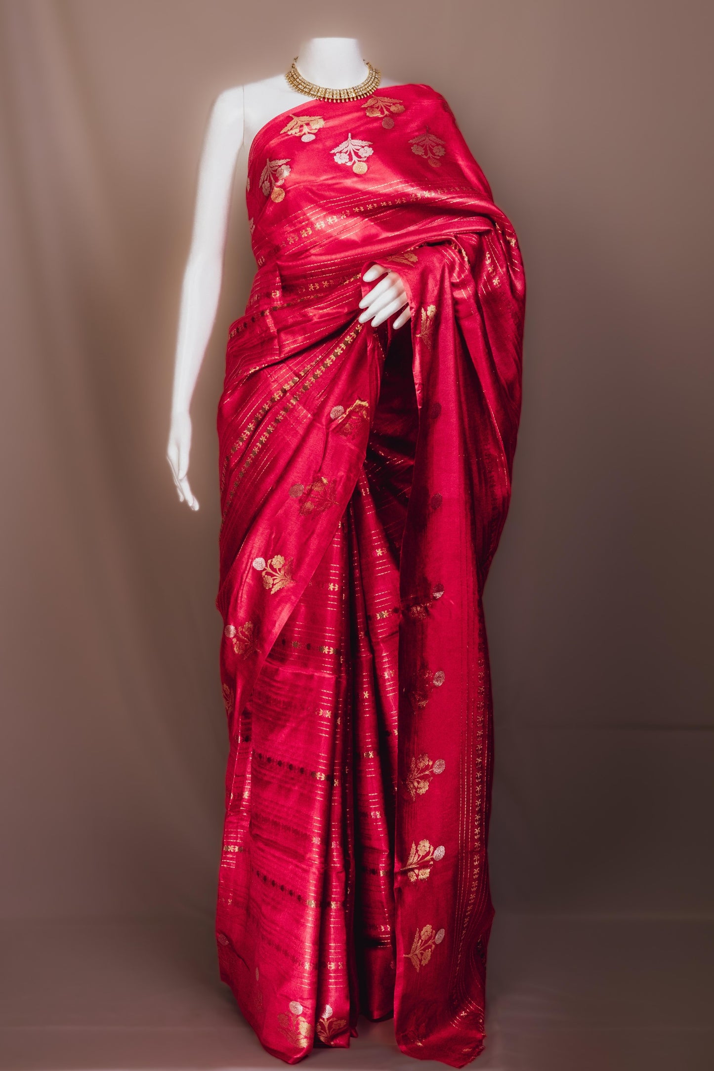 Sutrayan Scarlet Bloom — Handwoven Red Silk Saree with Floral Zari Butta