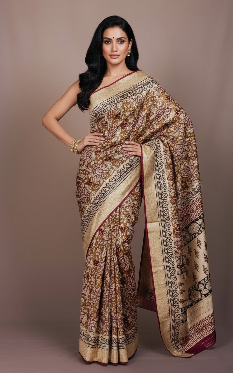 Sutrayan Kalpavriksha — Handpainted Beige & Maroon Saree with Traditional Floral Kalamkari Art