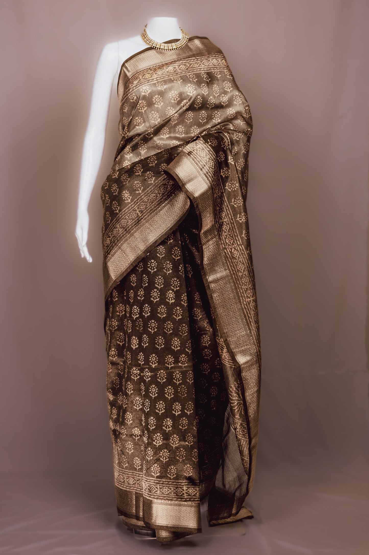 Sutrayan Kanchana - Handwoven Dark Olive Green Tissue Silk Saree with Floral Gold Zari Jaal