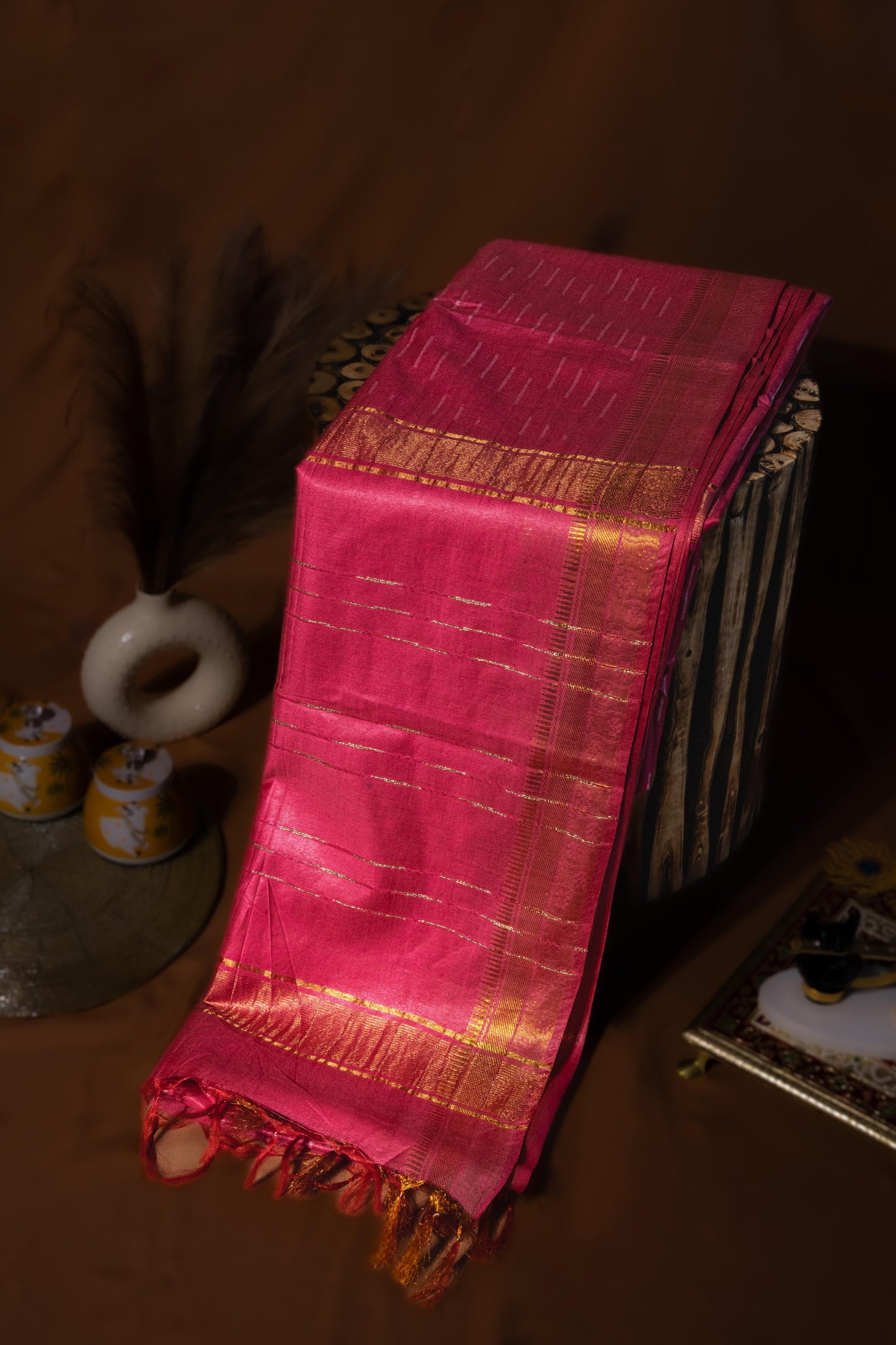 Sutrayan Blossom - Handwoven Pink Silk Saree with Golden Ikat-lnspired Zari Accents