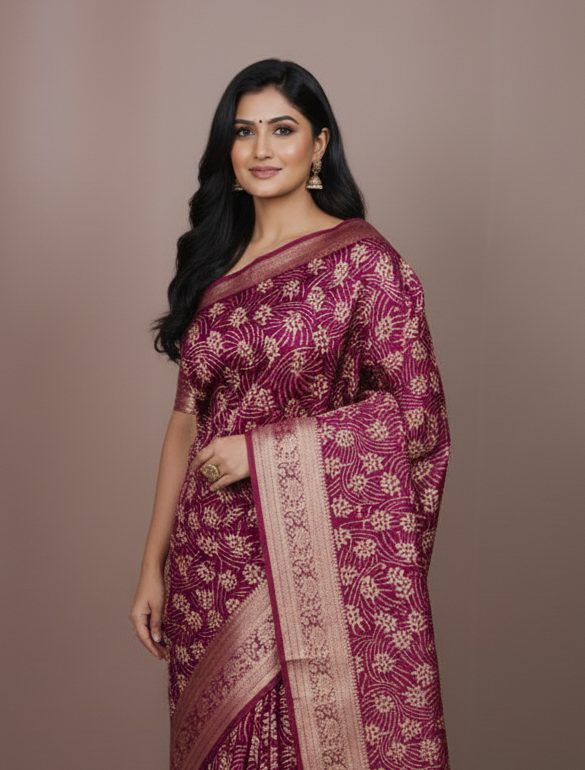 Sutrayan Mohar — Handwoven Mulberry Plum Saree with All-over Cream Flora and Zari Border
