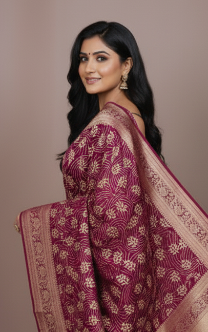Sutrayan Mohar — Handwoven Mulberry Plum Saree with All-over Cream Flora and Zari Border