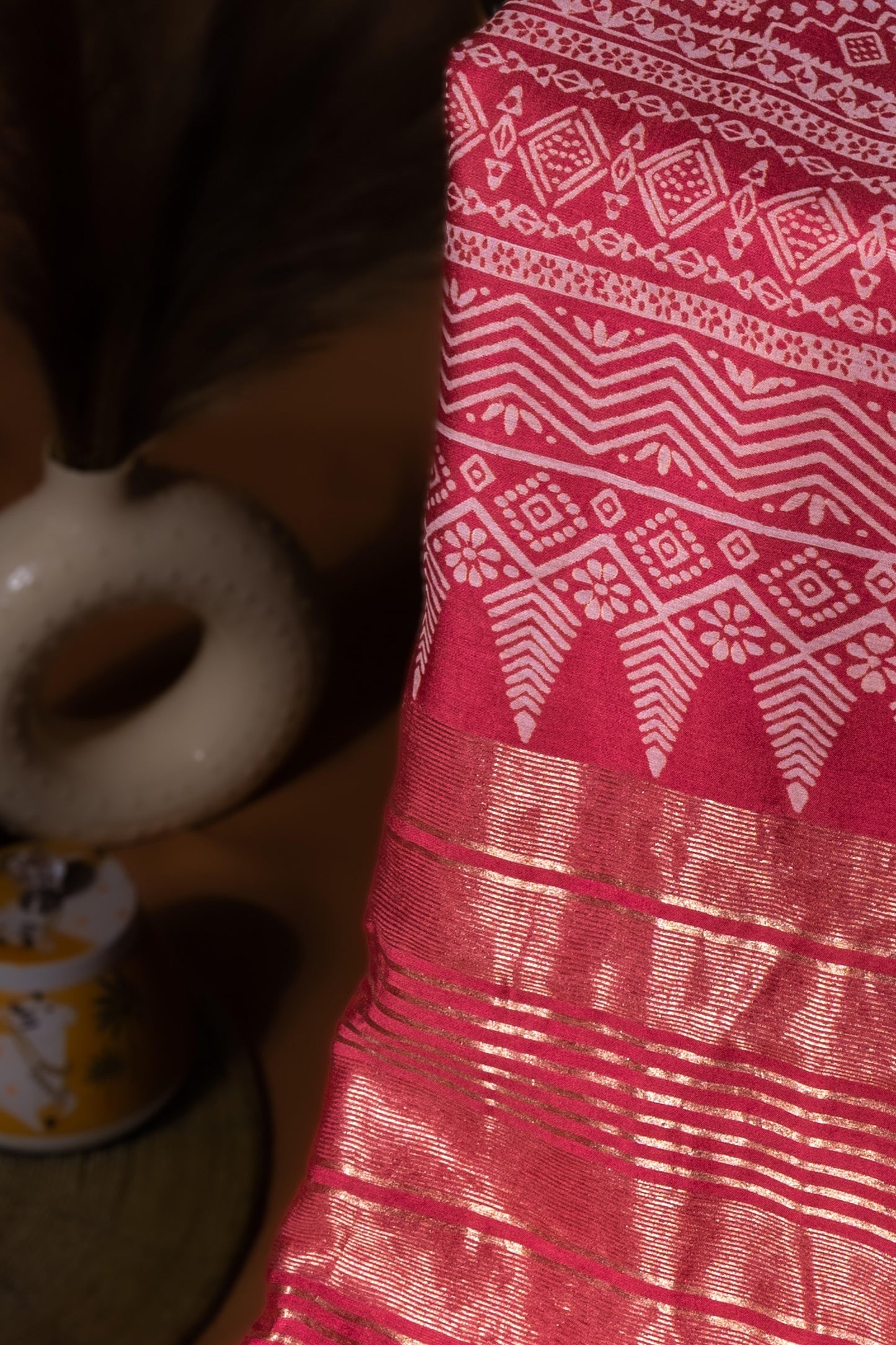 Sutrayan Heritage - Handwoven Pink Silk Saree with Intricate White Motif Weave and Gold Zari Border
