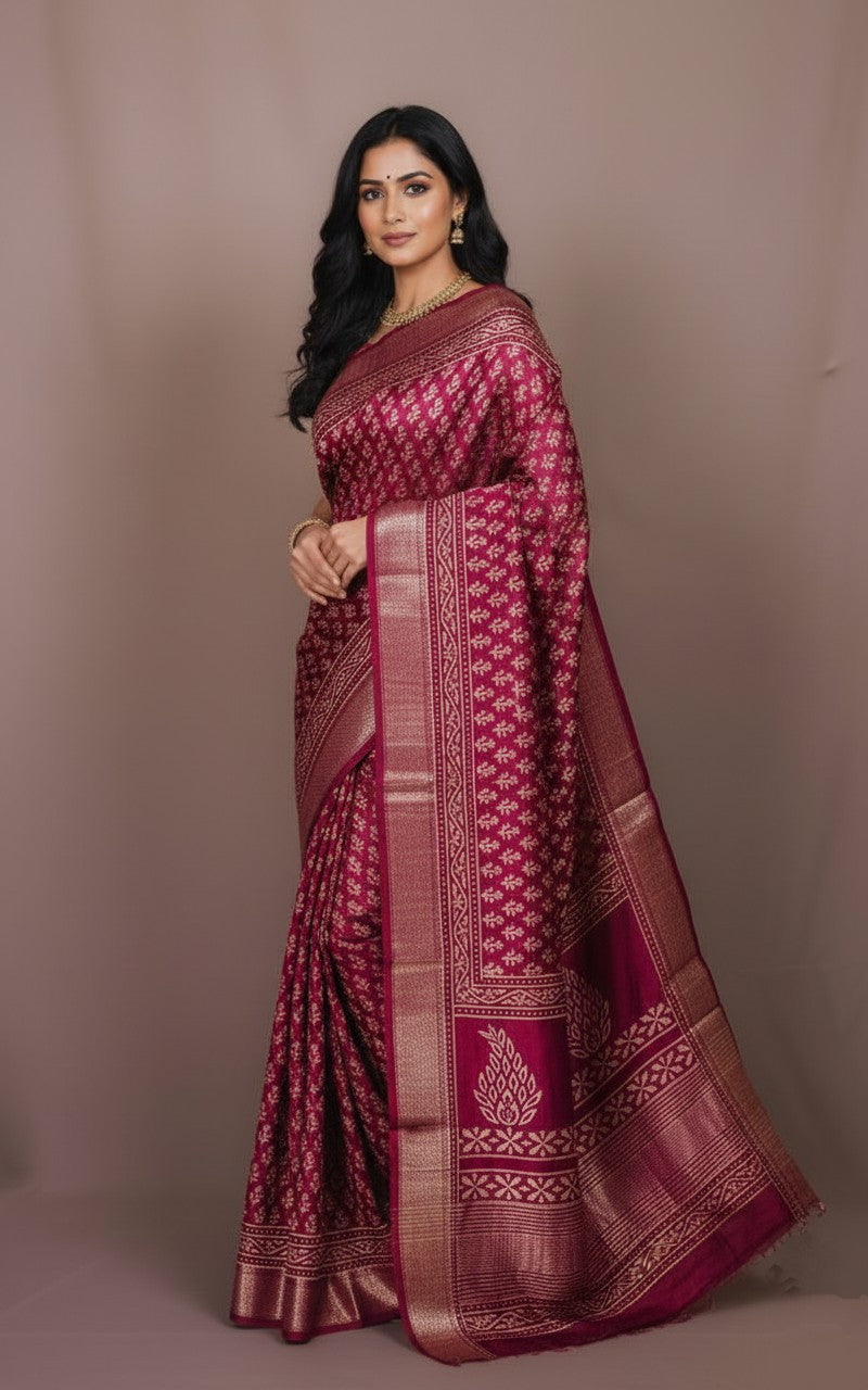 Sutrayan Aranya — Deep Crimson Silk Saree with Tiny Floral Booti and Woven Gold Border