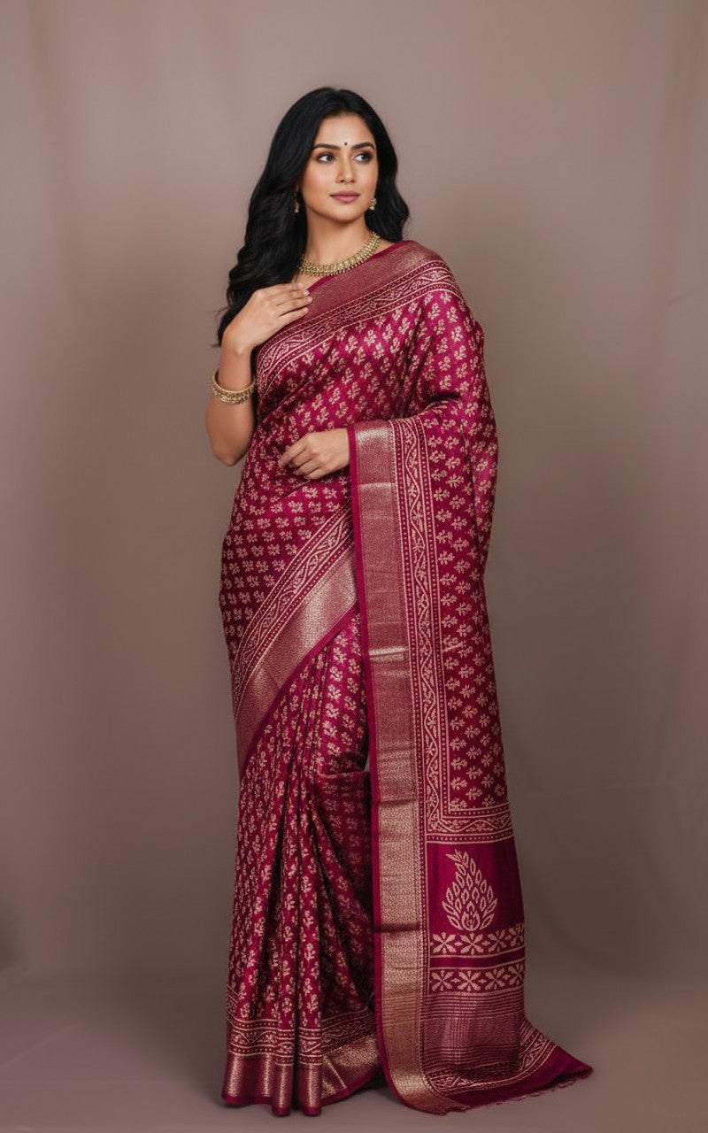 Sutrayan Aranya — Deep Crimson Silk Saree with Tiny Floral Booti and Woven Gold Border