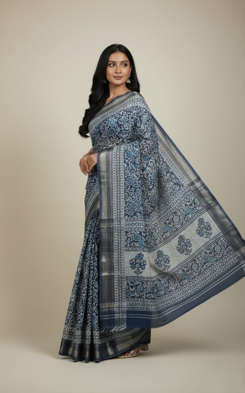 Sutrayan Neelpatra — Handloom Indigo Blue Saree with White Block Print and Silver Zari Border