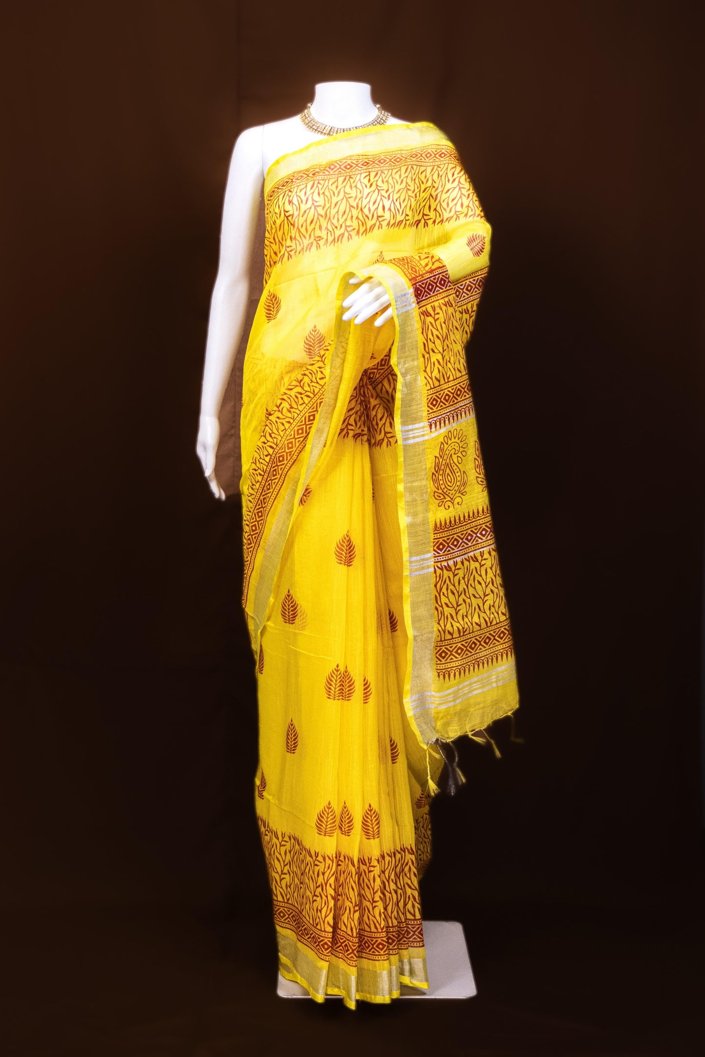 Surya Teej — Sunshine Yellow Cotton Saree with Traditional Maroon Leaf Motifs