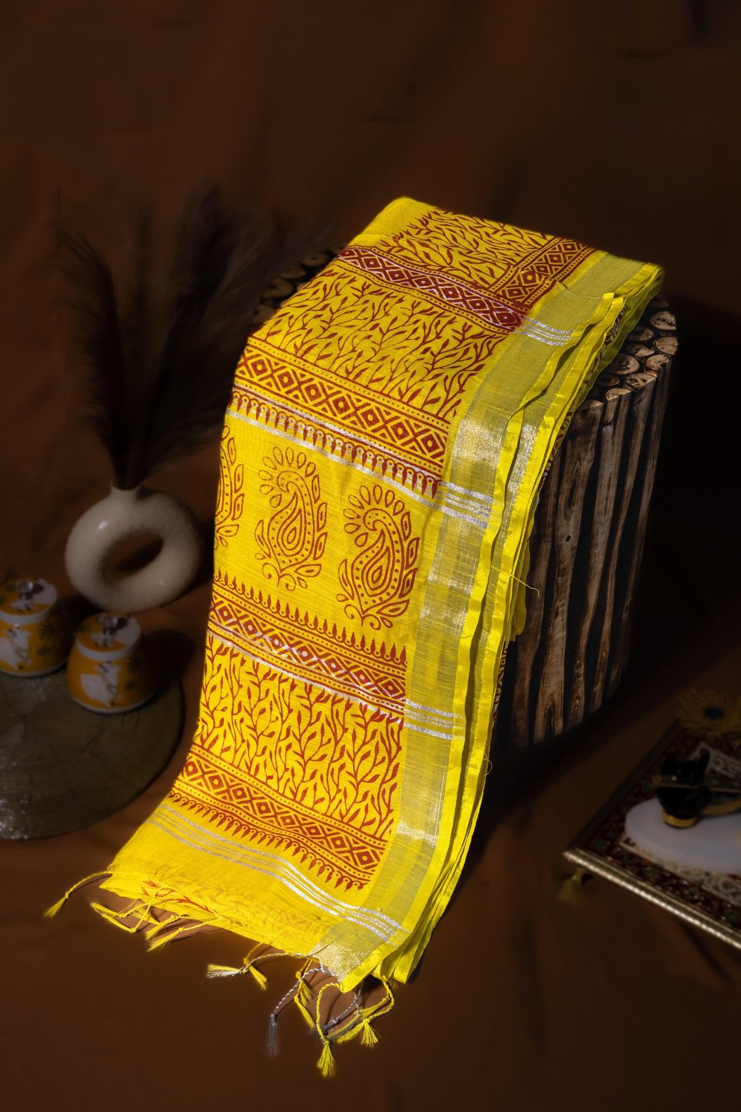 Surya Teej — Sunshine Yellow Cotton Saree with Traditional Maroon Leaf Motifs