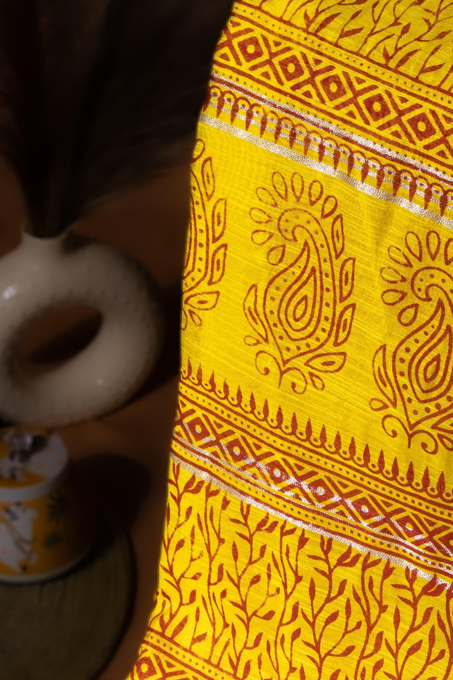 Surya Teej — Sunshine Yellow Cotton Saree with Traditional Maroon Leaf Motifs