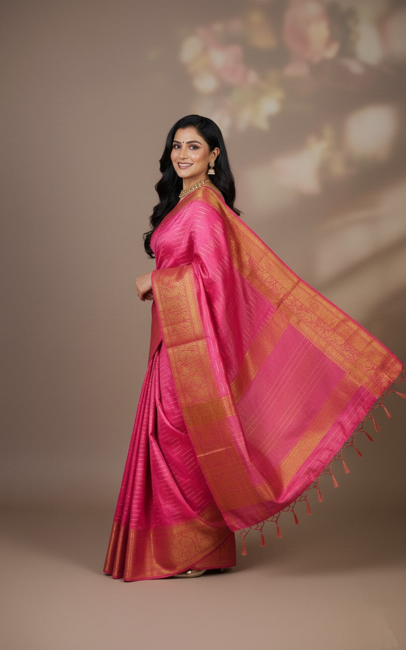 Sutrayan Blossom - Handwoven Pink Silk Saree with Golden Ikat-lnspired Zari Accents