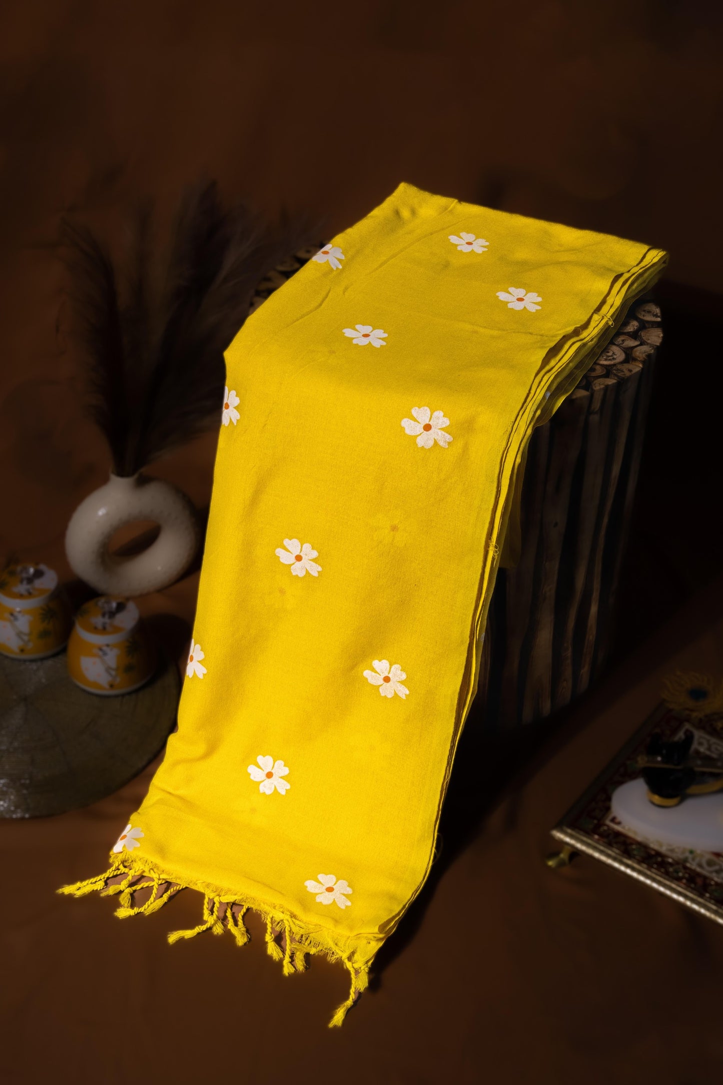 Gulbahar — Sunshine Yellow Cotton Saree with White Daisy Embroidery