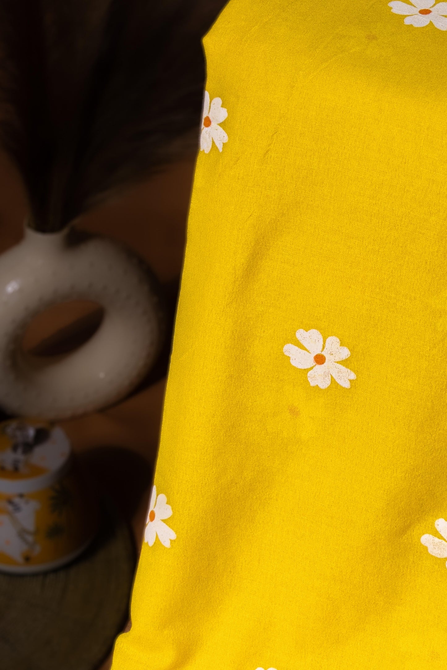 Gulbahar — Sunshine Yellow Cotton Saree with White Daisy Embroidery