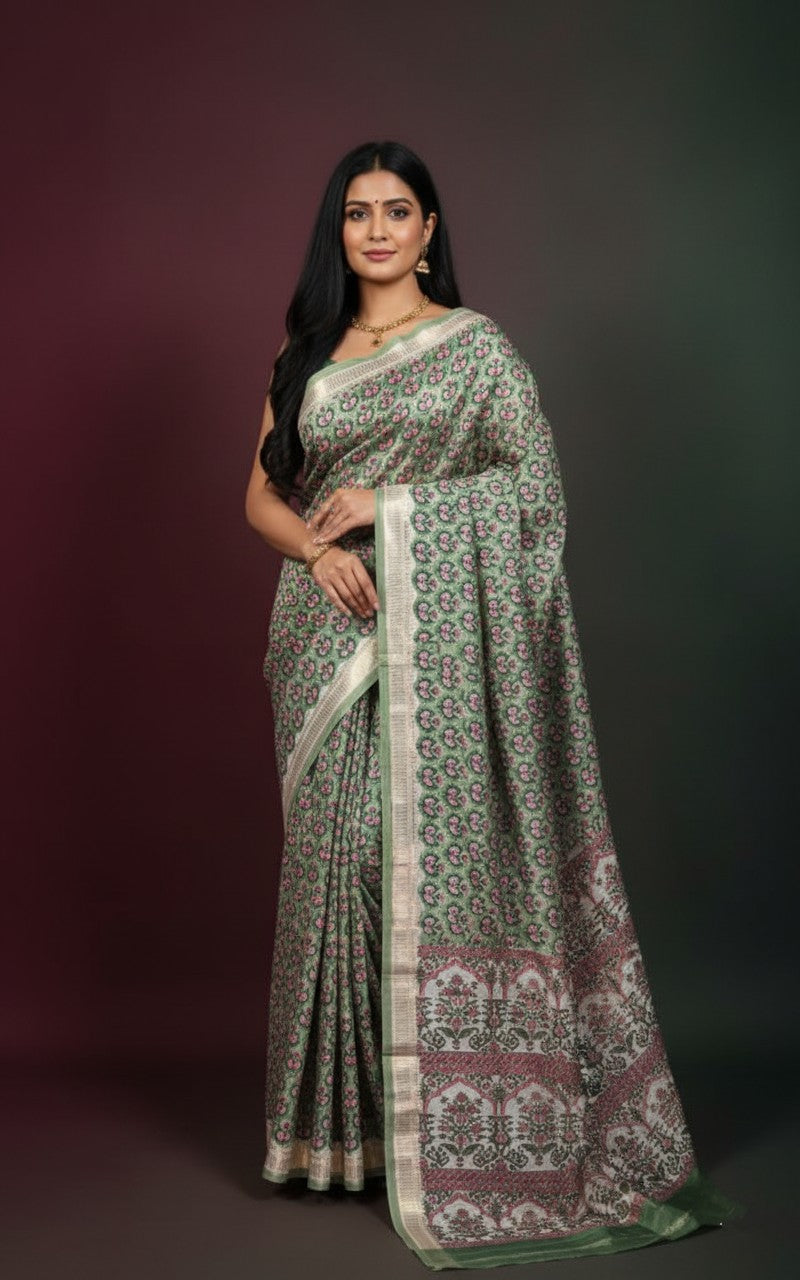 Sutrayan Eden Bloom — Olive Green Handwoven Pure Muslin Maheshwari Silk Saree with Floral Block Print & Cream Zari