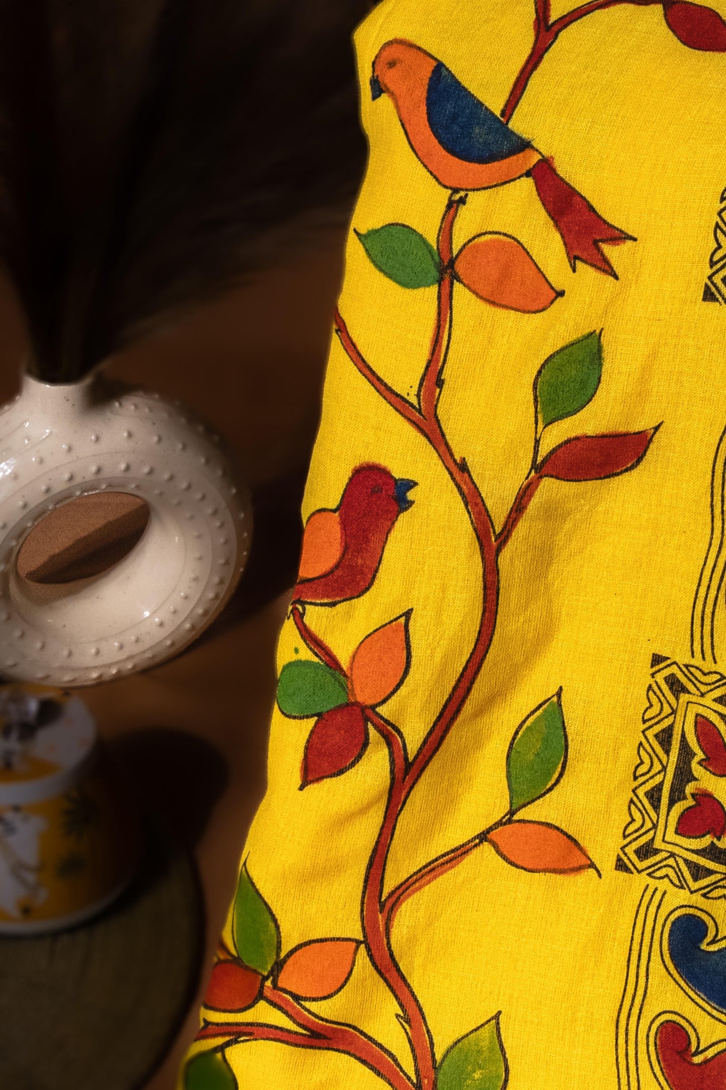Phoolwari Charm — Yellow Hand-Painted Cotton Saree with Kalamkari Motifs