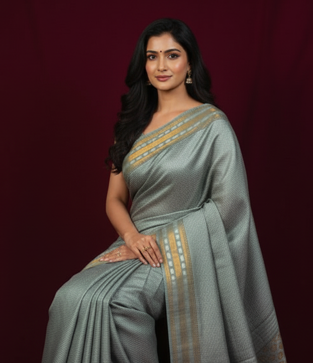 Sutrayan Silver Sage - Steel Grey Kora Silk Saree with Hand Kantha Stitch