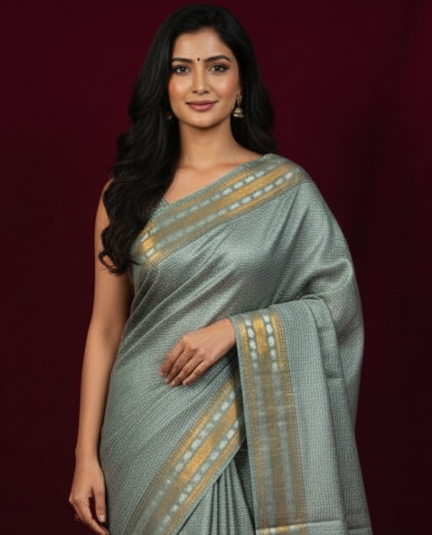 Sutrayan Silver Sage - Steel Grey Kora Silk Saree with Hand Kantha Stitch