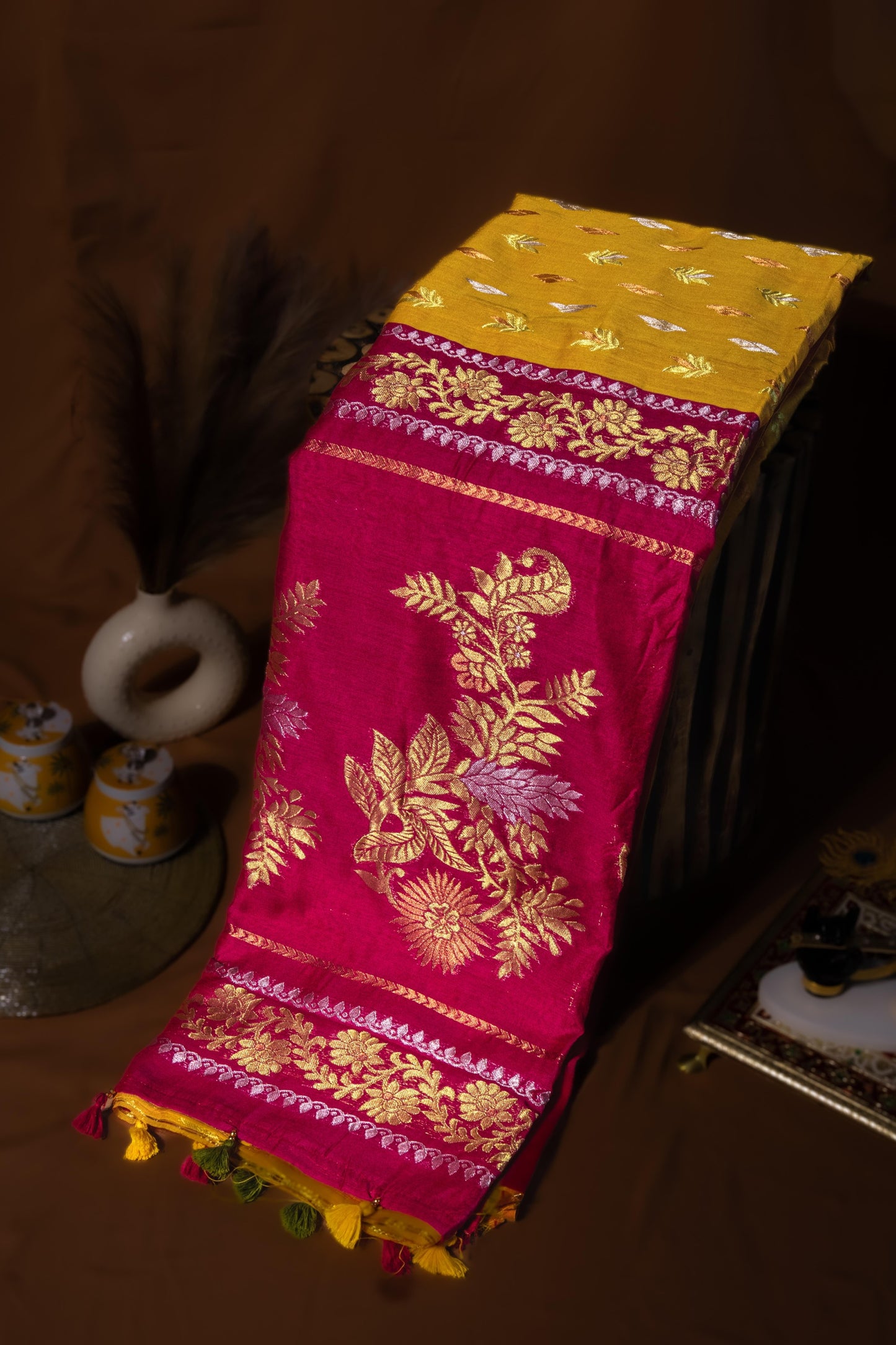 Suryamukhi Glow - Yellow Banarasi Silk Saree with Magenta Contrast Pallu