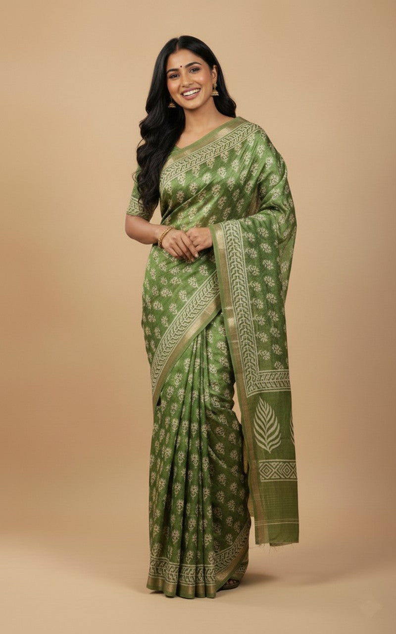 Sutrayan Neem Grace - Olive Green Mulberry Muslin Silk Saree with Floral Buta Work