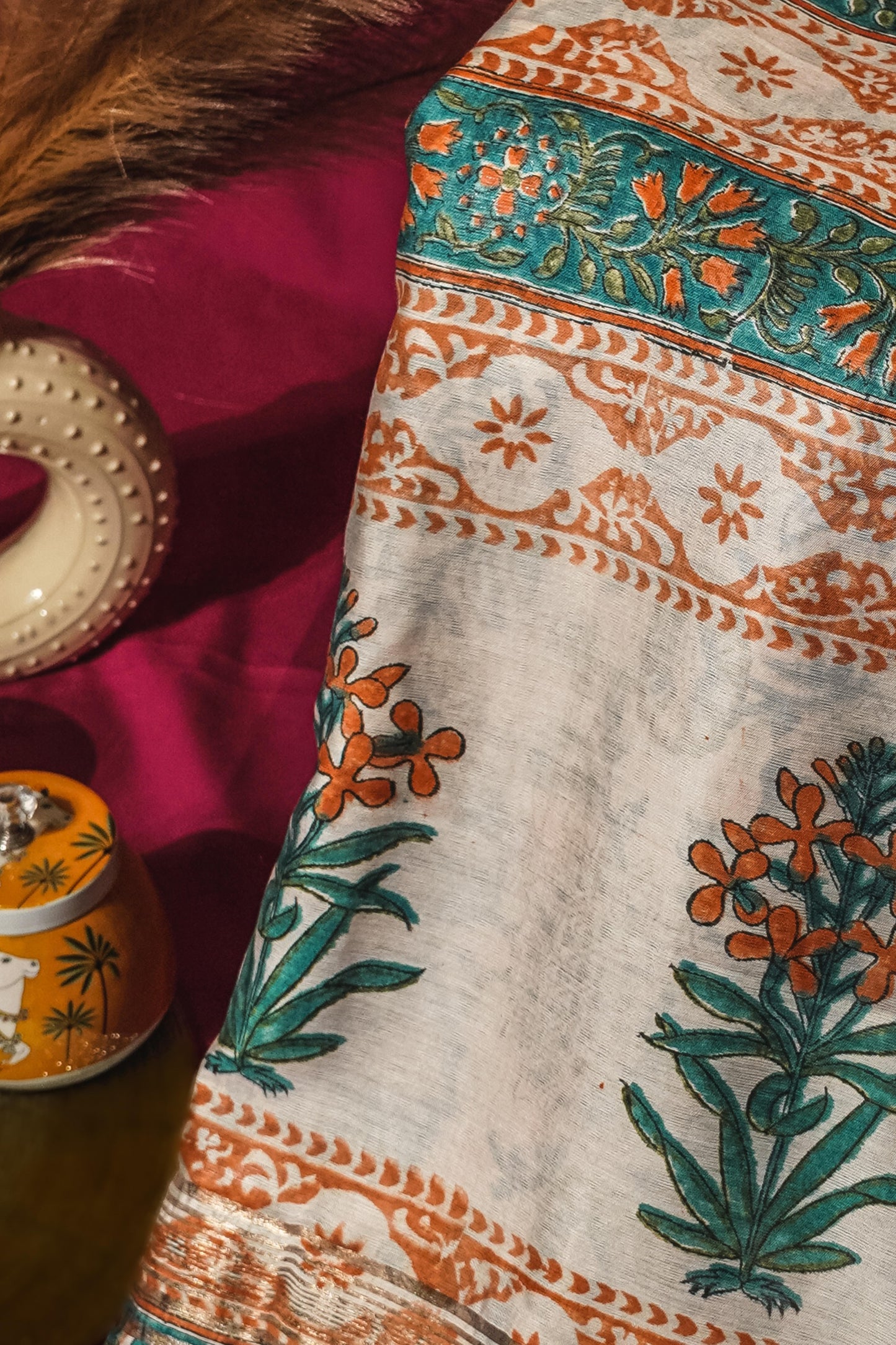 Sutrayan Pattachitra Royale - Pure Muslin Maheswari Silk Saree with HandBlock Print