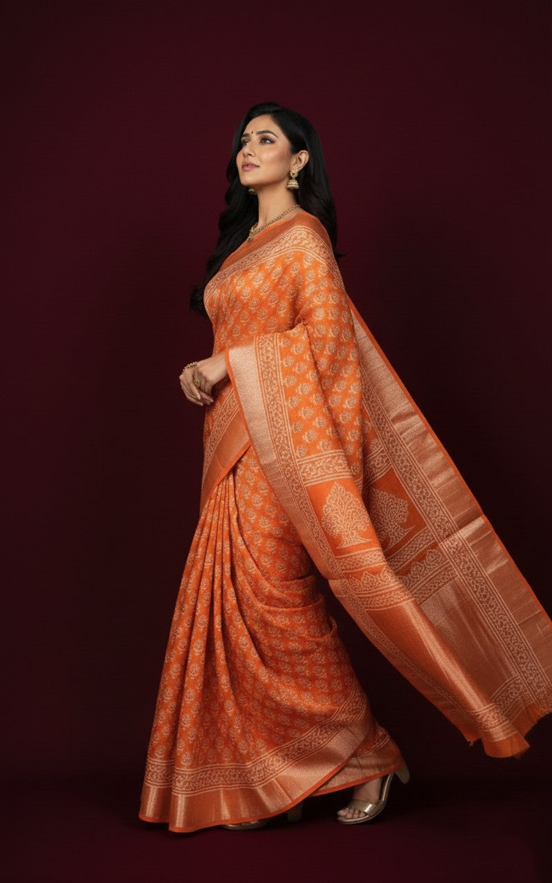 Sutrayan Kesar Bloom — Burnt Orange Maslin Silk Saree with Zari Tree Motif Pallu