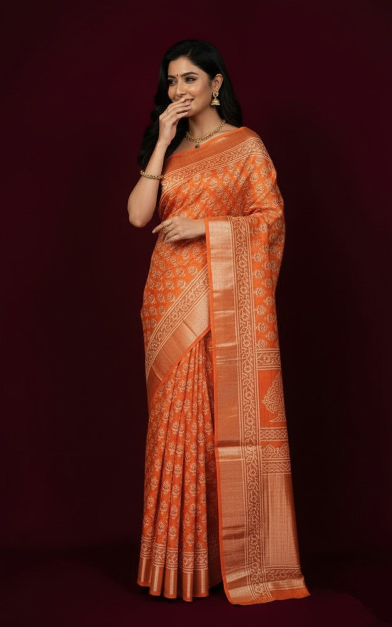 Sutrayan Kesar Bloom — Burnt Orange Maslin Silk Saree with Zari Tree Motif Pallu