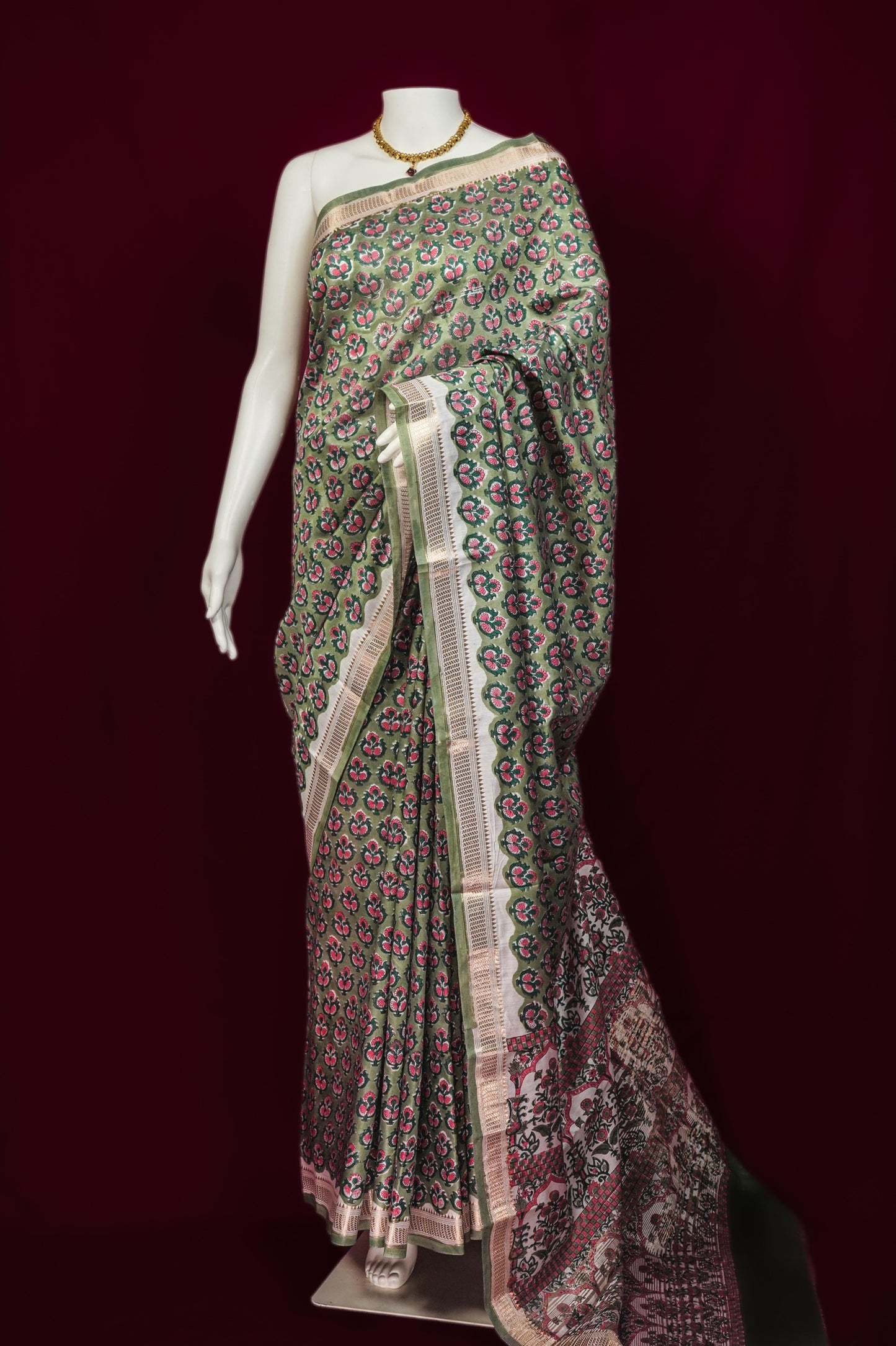 Sutrayan Eden Bloom — Olive Green Handwoven Pure Muslin Maheshwari Silk Saree with Floral Block Print & Cream Zari