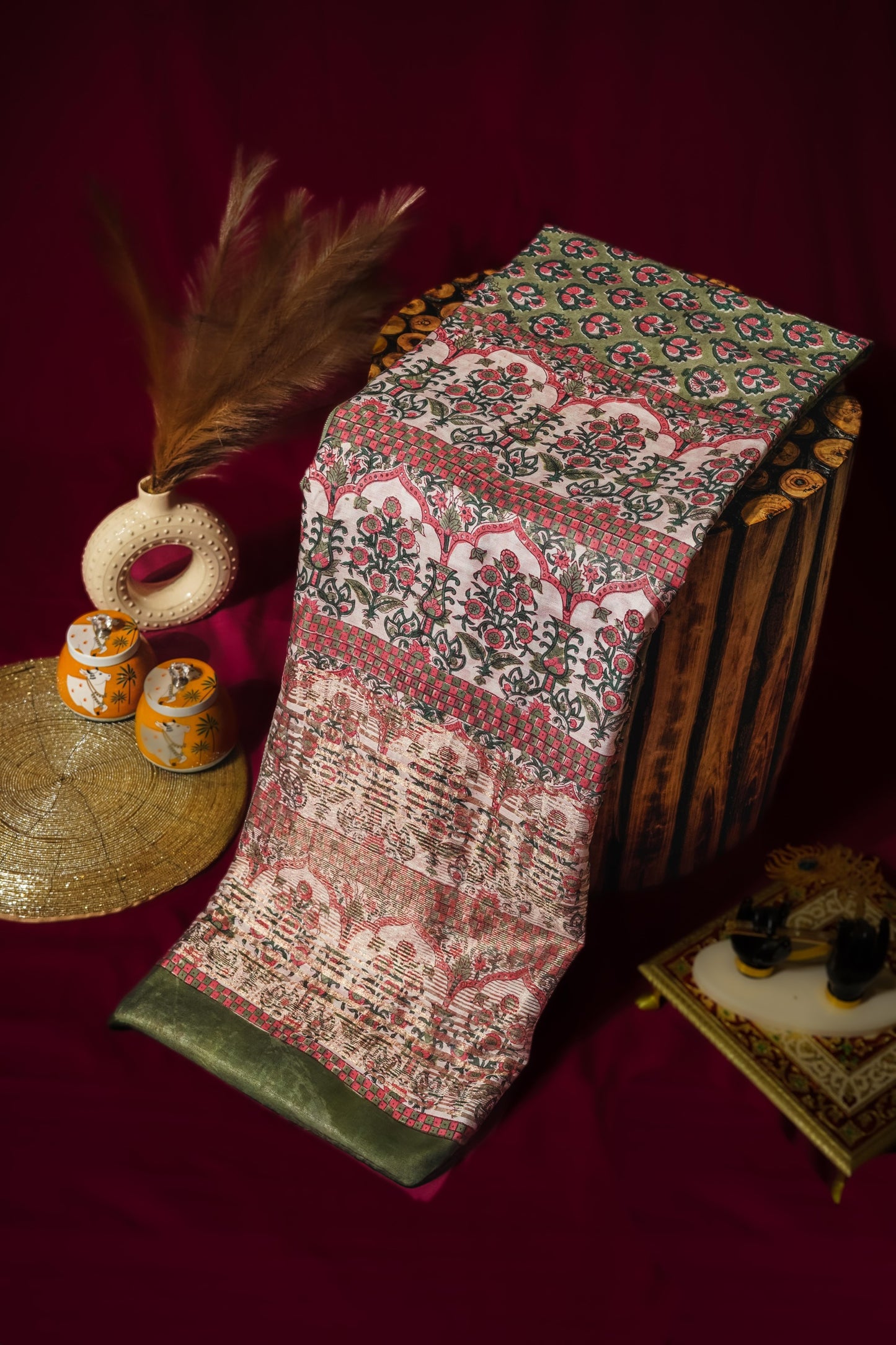 Sutrayan Eden Bloom — Olive Green Handwoven Pure Muslin Maheshwari Silk Saree with Floral Block Print & Cream Zari