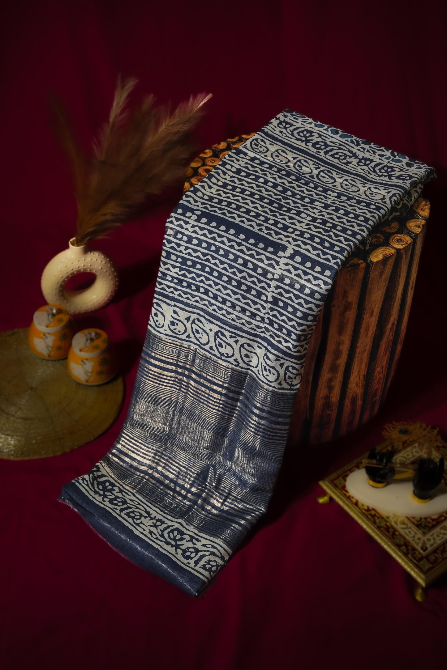Sutrayan Chandan Noir — Indigo Blue & Ivory Handloom Chanderi Silk Saree with Silver Zari Detailing