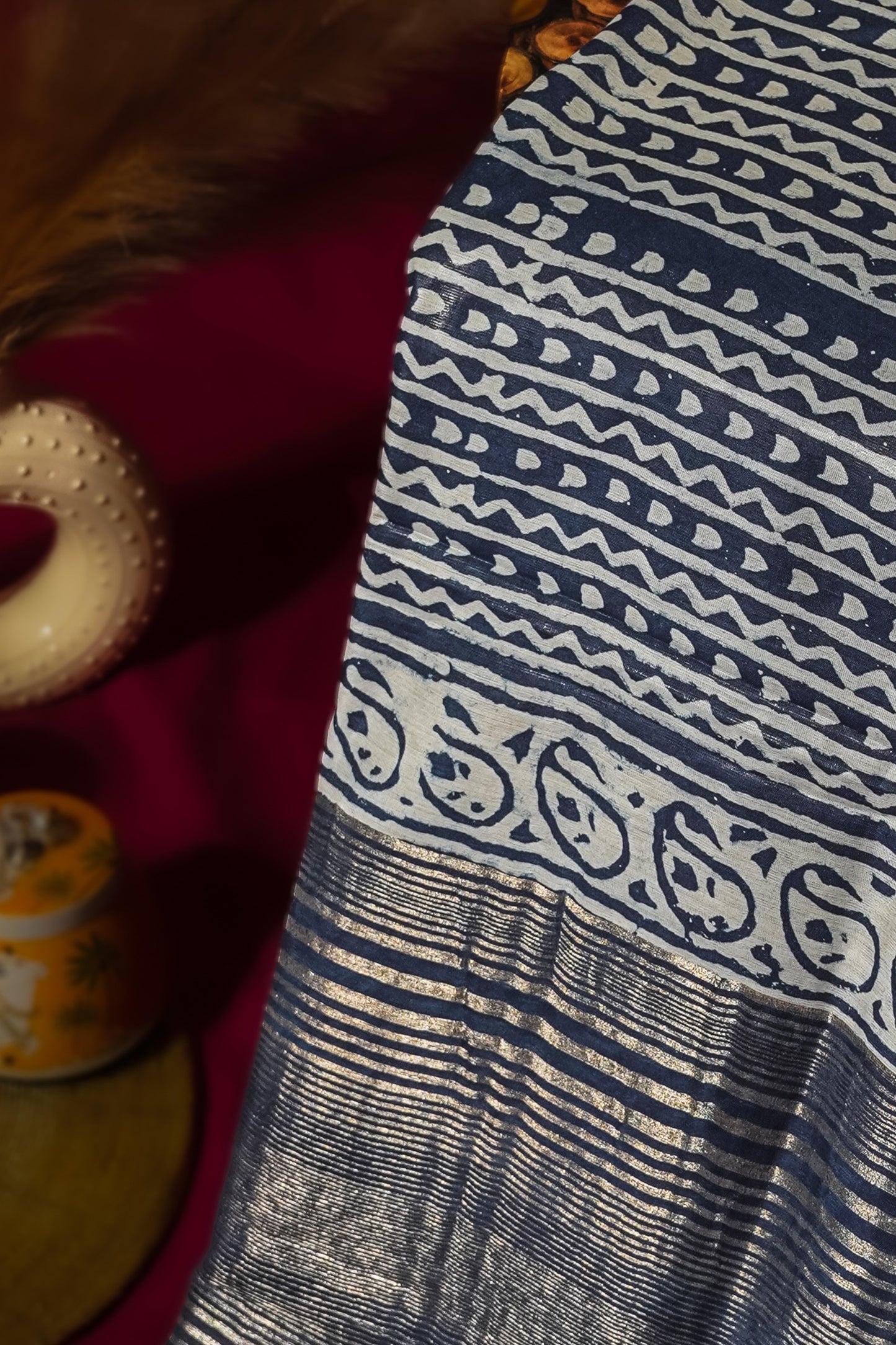 Sutrayan Chandan Noir — Indigo Blue & Ivory Handloom Chanderi Silk Saree with Silver Zari Detailing