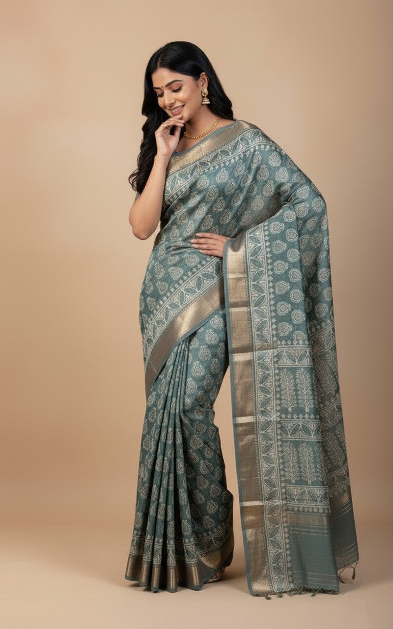 Sutrayan Misty Teal - Muslin Silk Saree with Paisley and Temple Border