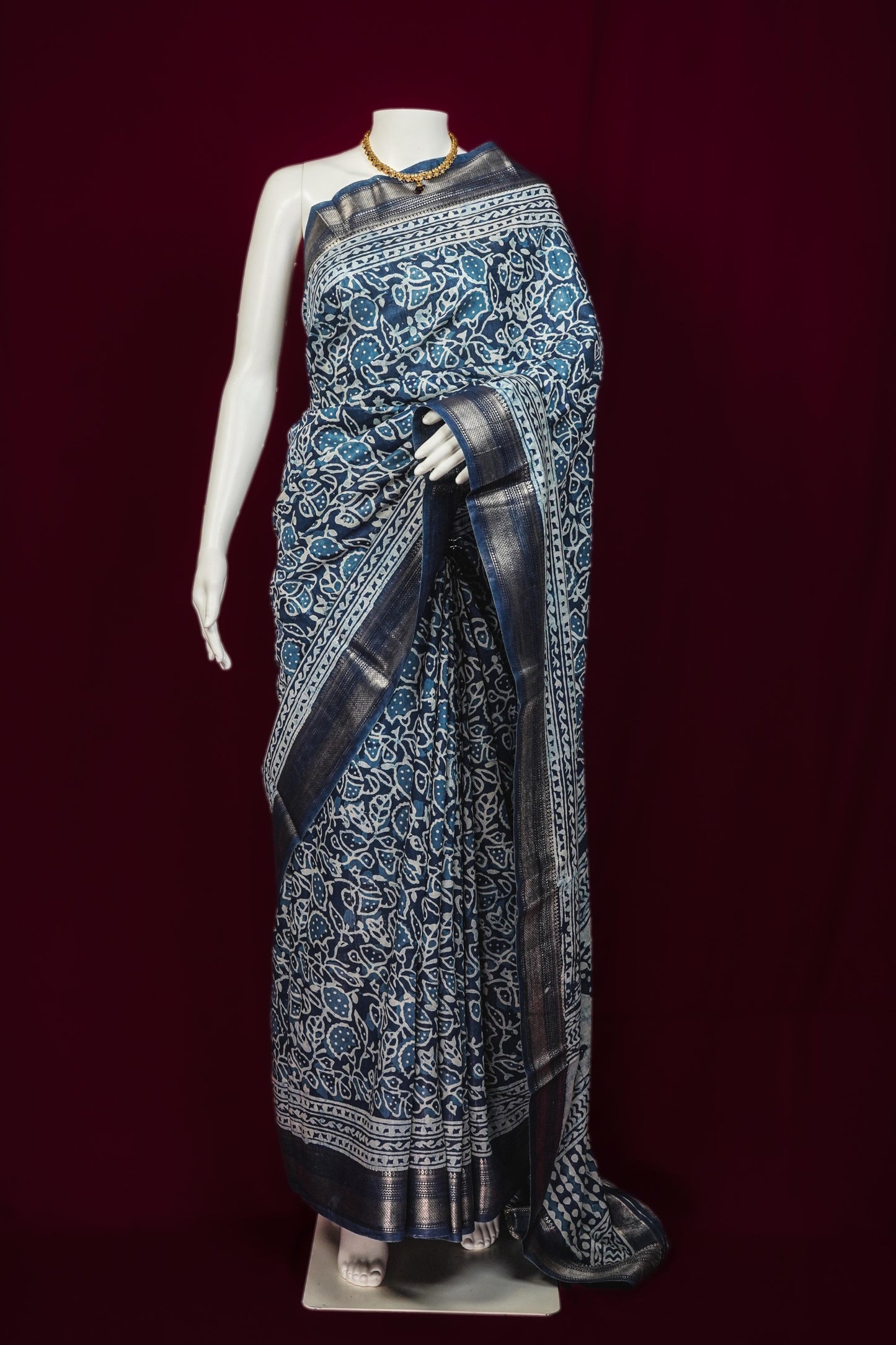 Sutrayan Neelpatra — Handloom Indigo Blue Saree with White Block Print and Silver Zari Border